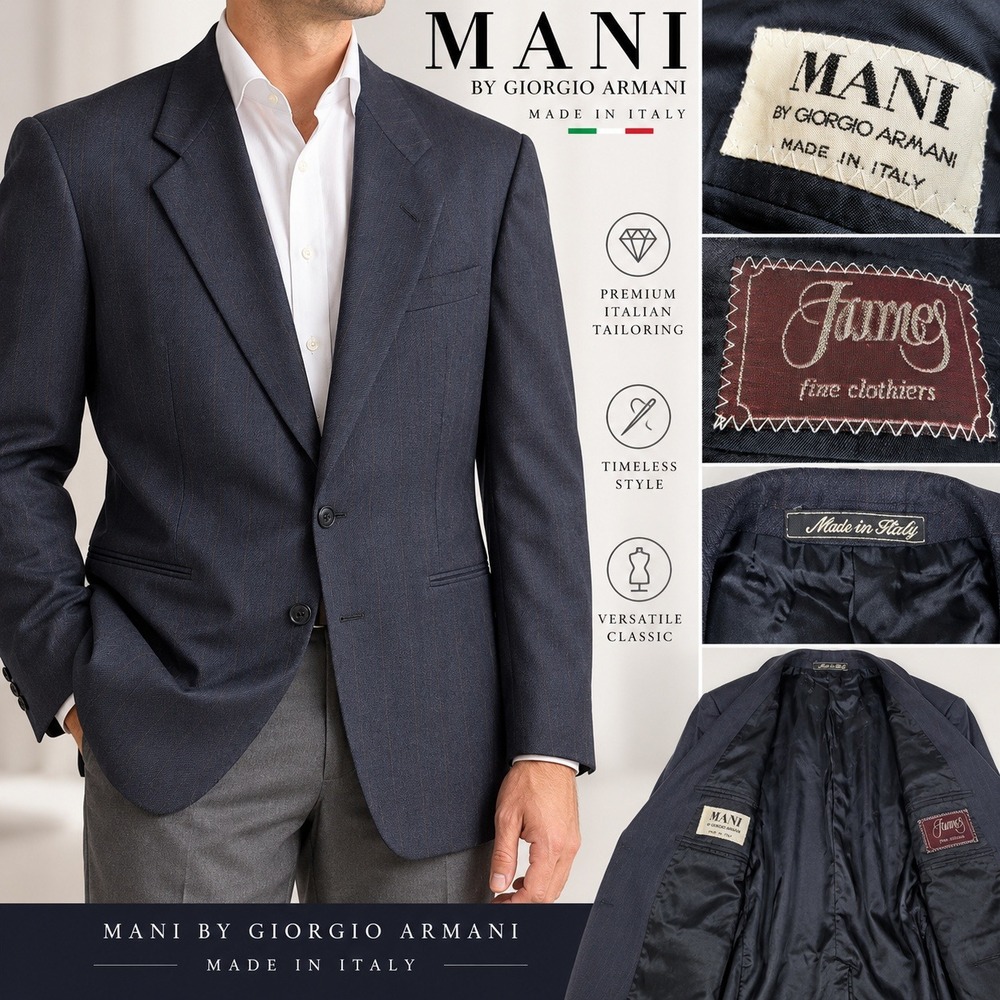 Mani Giorgio Armani Blazer Mens 42R Navy Wool Pinstripe L/S Ventless 3589/2